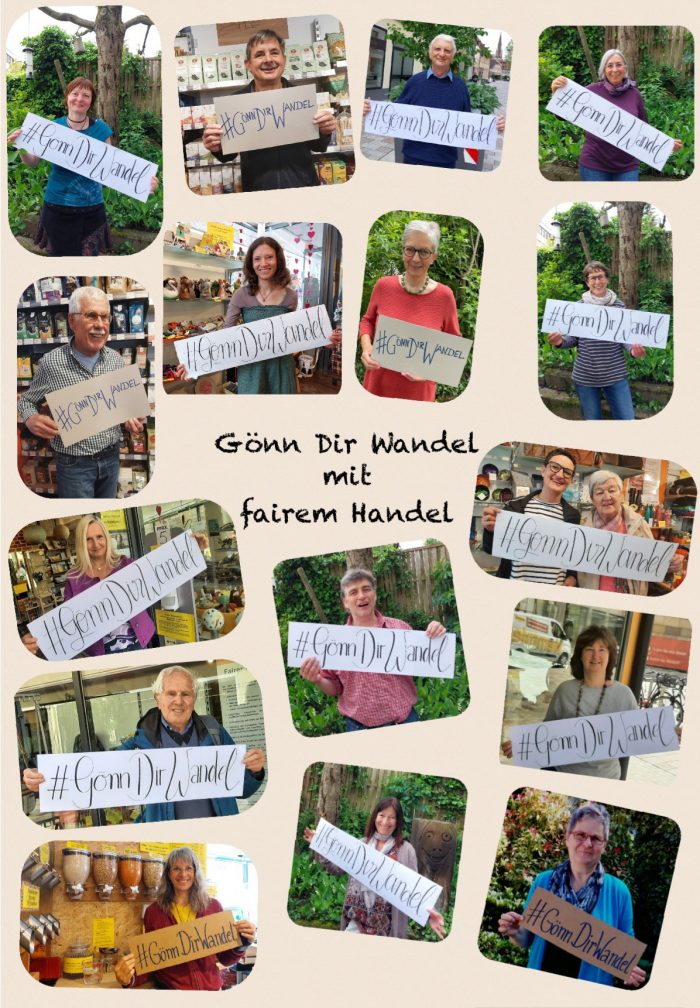 Plakat mit verschiedenen Fotos der Weltladen-Mitarbeiter*innen